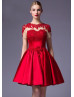 Short Sleeves Beaded Red Lace Satin Vintage Evening Dress